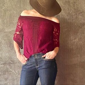 Miami Beautiful burgundy off the shoulder lace top